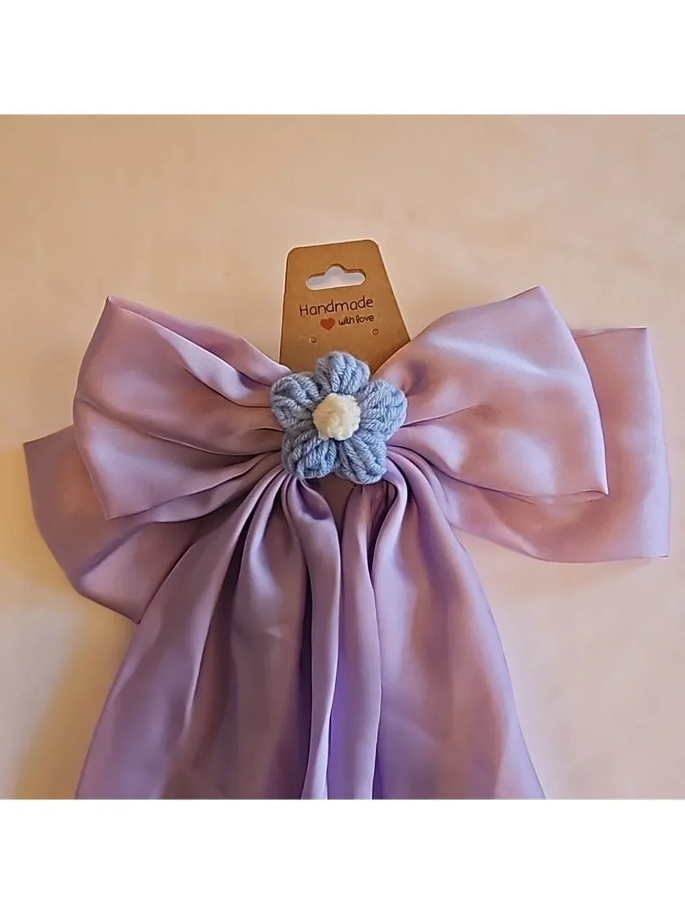 Hand Crafted lavander bow hair clip barrette clip bohemian crochet blue flower